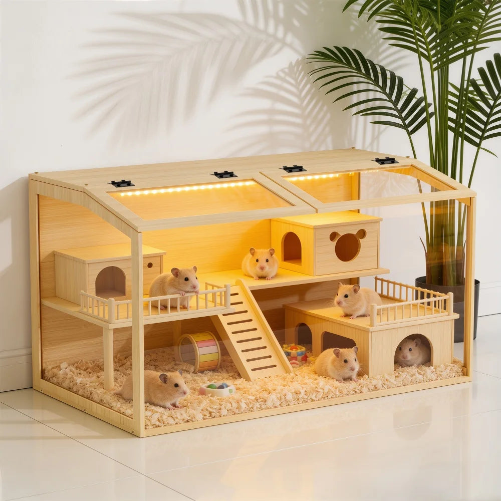 Artisanal Wooden Hamster Home With Tempered Glass Frame Illuminated Canopy