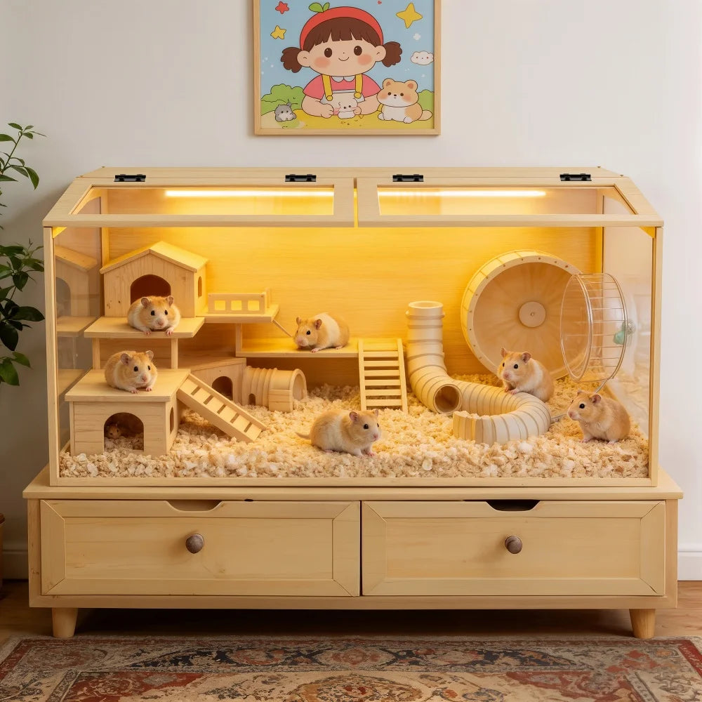 Artisanal Wooden Hamster Home With Tempered Glass Frame Illuminated Canopy