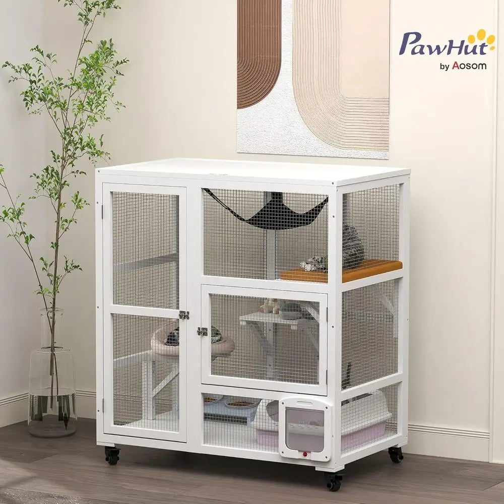 Indoor Mobile Cat Enclosure With Three Platforms And Hammock