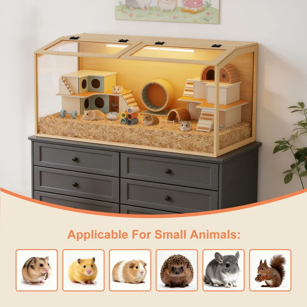 Artisanal Wooden Hamster Home With Tempered Glass Frame Illuminated Canopy