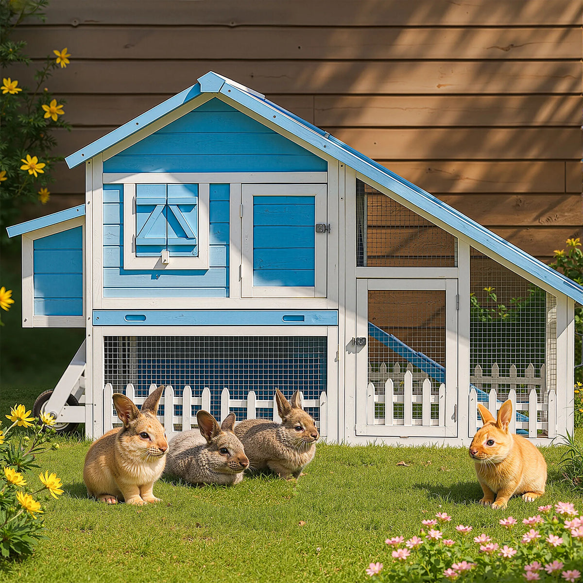 Double Decker Solid Wood Waterproof Rabbit Hutch With Fence