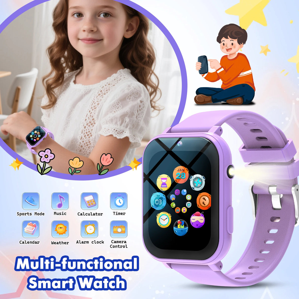 Kids Games Smart Watch 18 Games Camera Waterproof Flashlight Sleep Monitoring For Birthday Holiday Gift Boy Girl Children