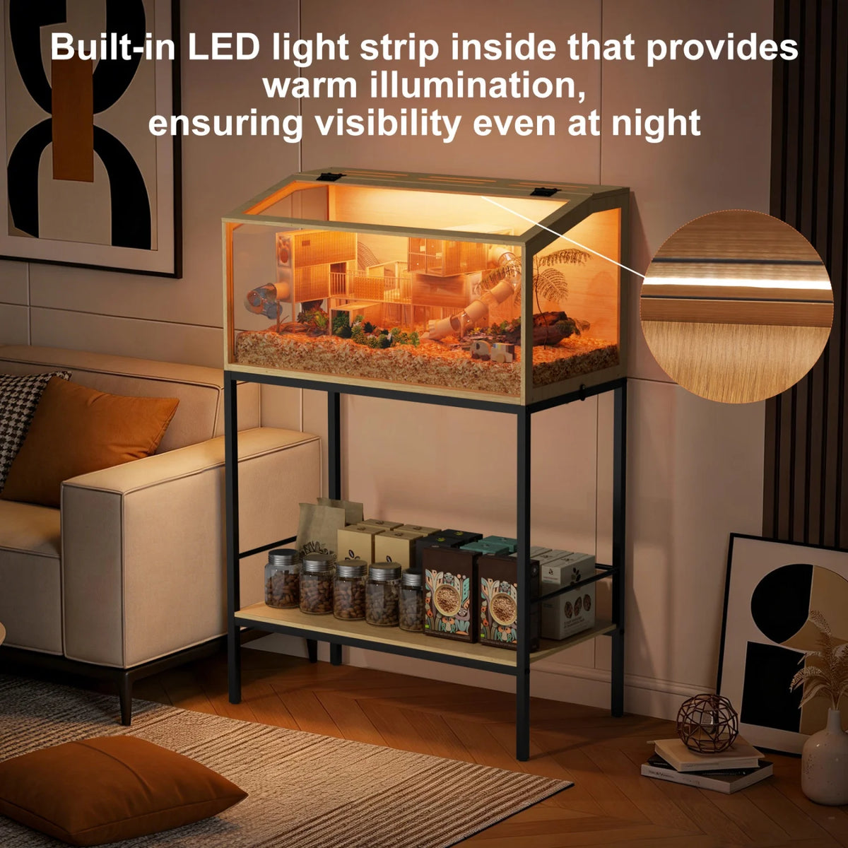 Wooden Hamster Cage With Tempered Glass Panels And LED Light