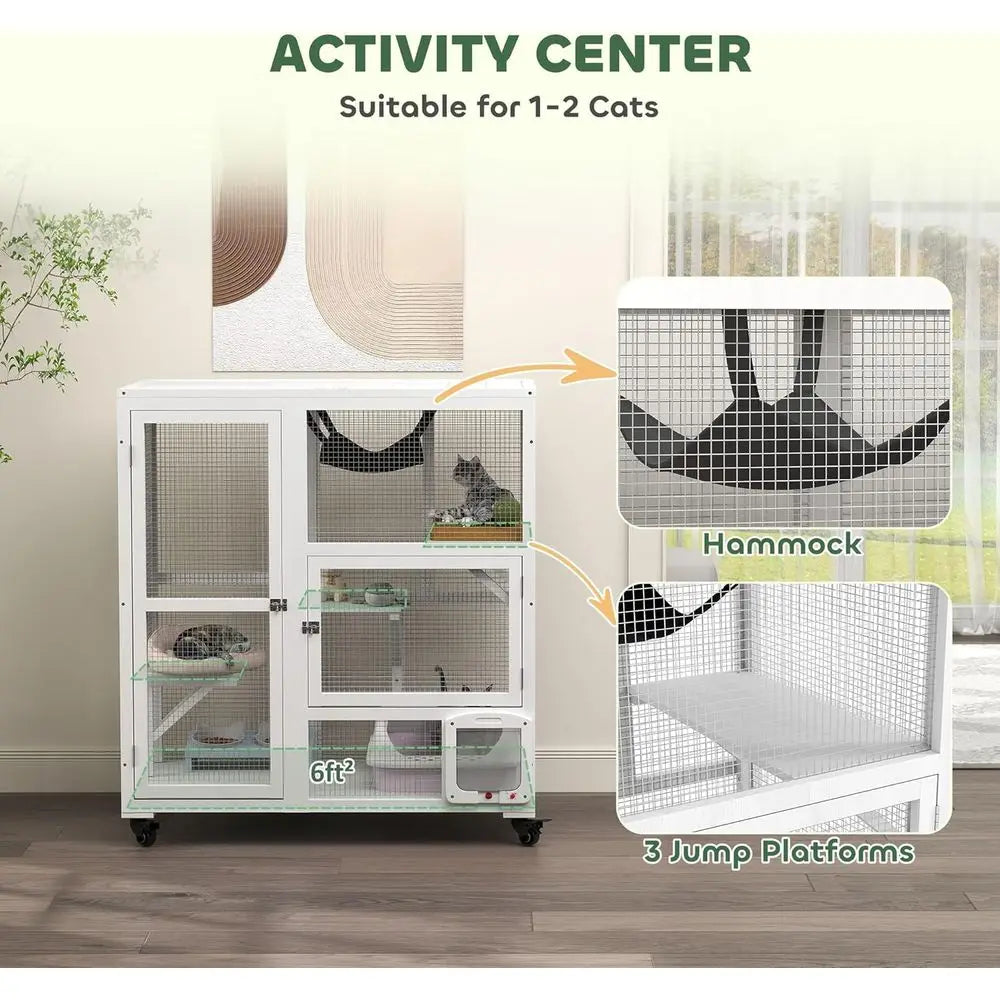 Indoor Mobile Cat Enclosure With Three Platforms And Hammock
