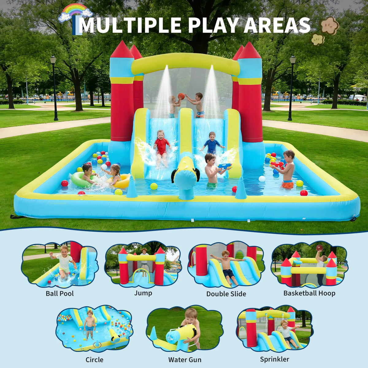 HiMiss Inflatable Kids Bounce House With Slide And Pool
