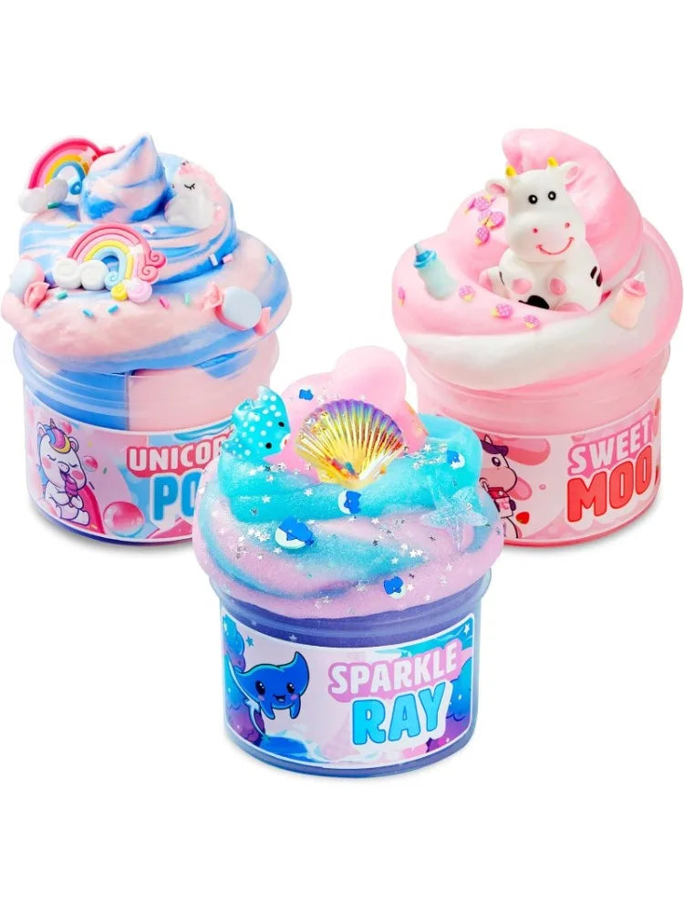 3-Pack Slime Party Favors Manta Ray Unicorn And Cow Themes