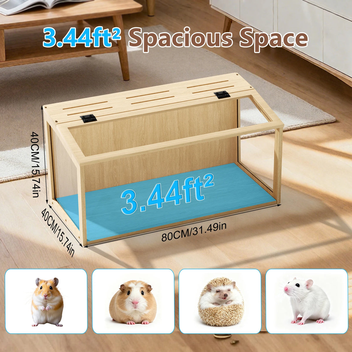 Artisanal Wooden Hamster Home With Tempered Glass Frame Illuminated Canopy