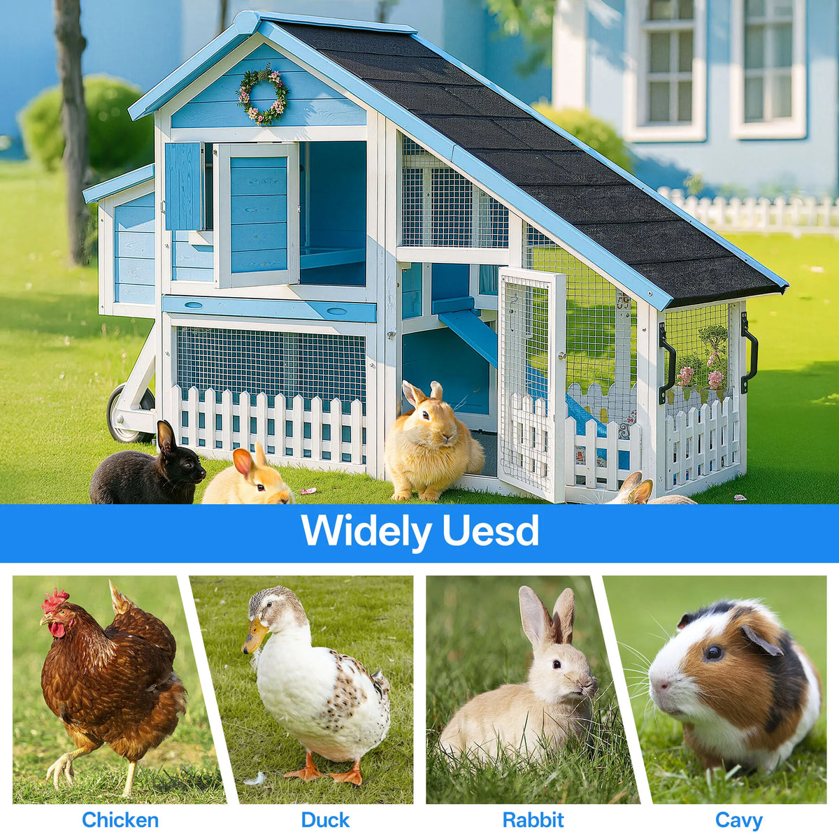 Double Decker Solid Wood Waterproof Rabbit Hutch With Fence