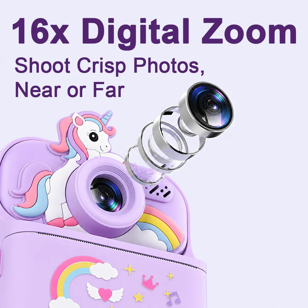 Cute purple unicorn kids camera, photo thermal printing, Halloween Thanksgiving surprise birthday holiday gift