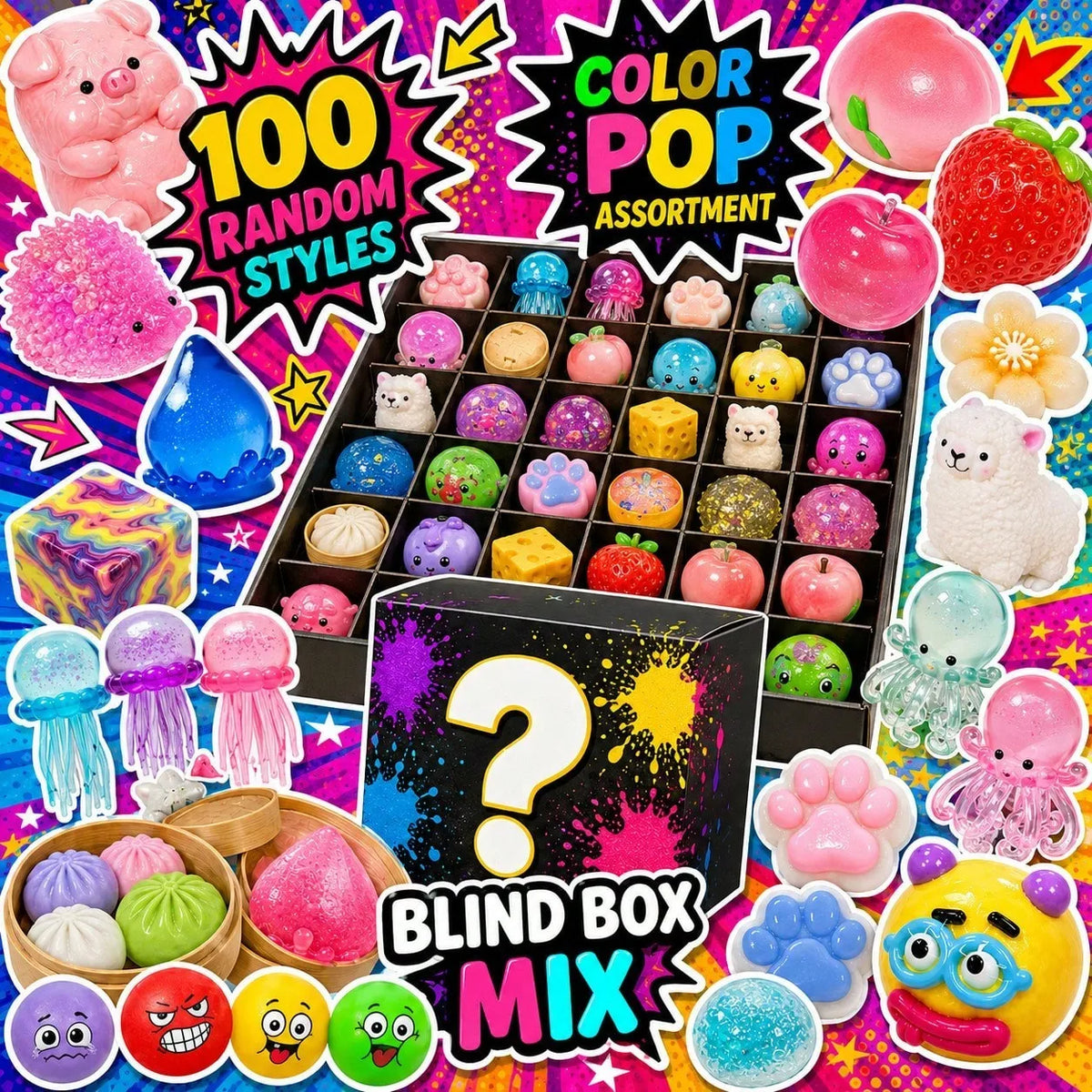 1pc Squishy Toy Party Favors, Soft Rubber Stress Relief Fidget, Random Cute Collectible Gift for Kids Adults, Office Desk Decor Birthday Carnival Prizes