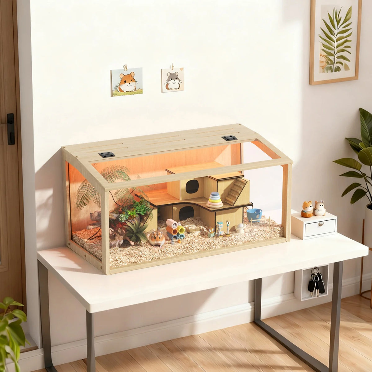 Wooden Hamster Cage With Tempered Glass Panels And LED Light