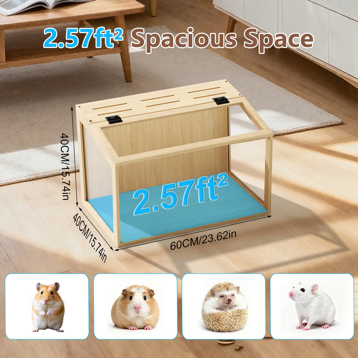 Artisanal Wooden Hamster Home With Tempered Glass Frame Illuminated Canopy