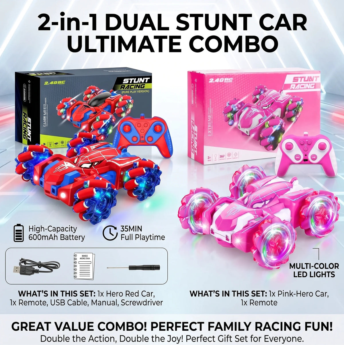 RC Stunt Car Combo With LED Omni Wheels Remote Control