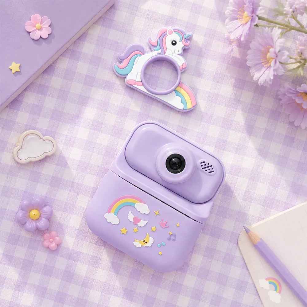 Cute purple unicorn kids camera, photo thermal printing, Halloween Thanksgiving surprise birthday holiday gift