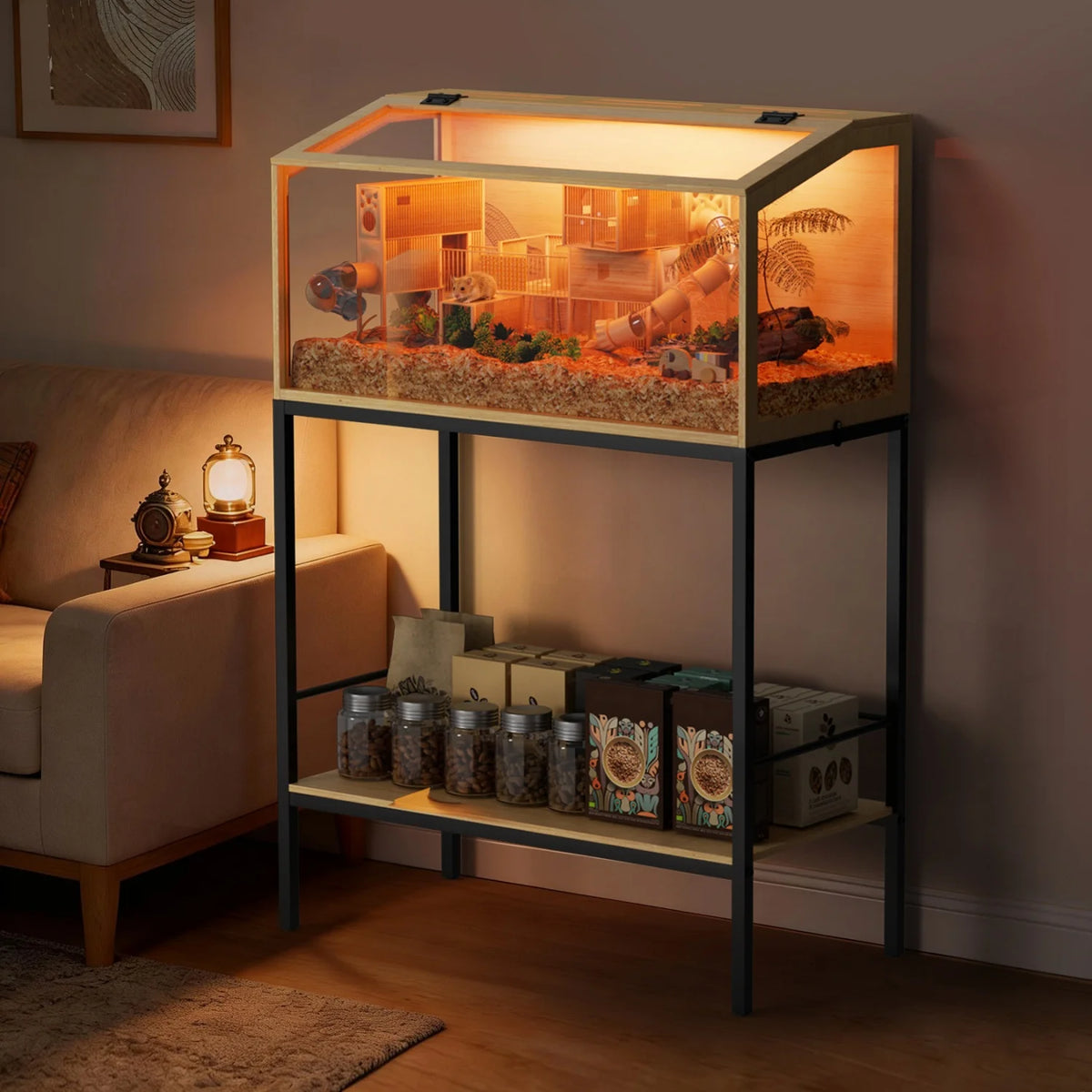 Wooden Hamster Cage With Tempered Glass Panels And LED Light
