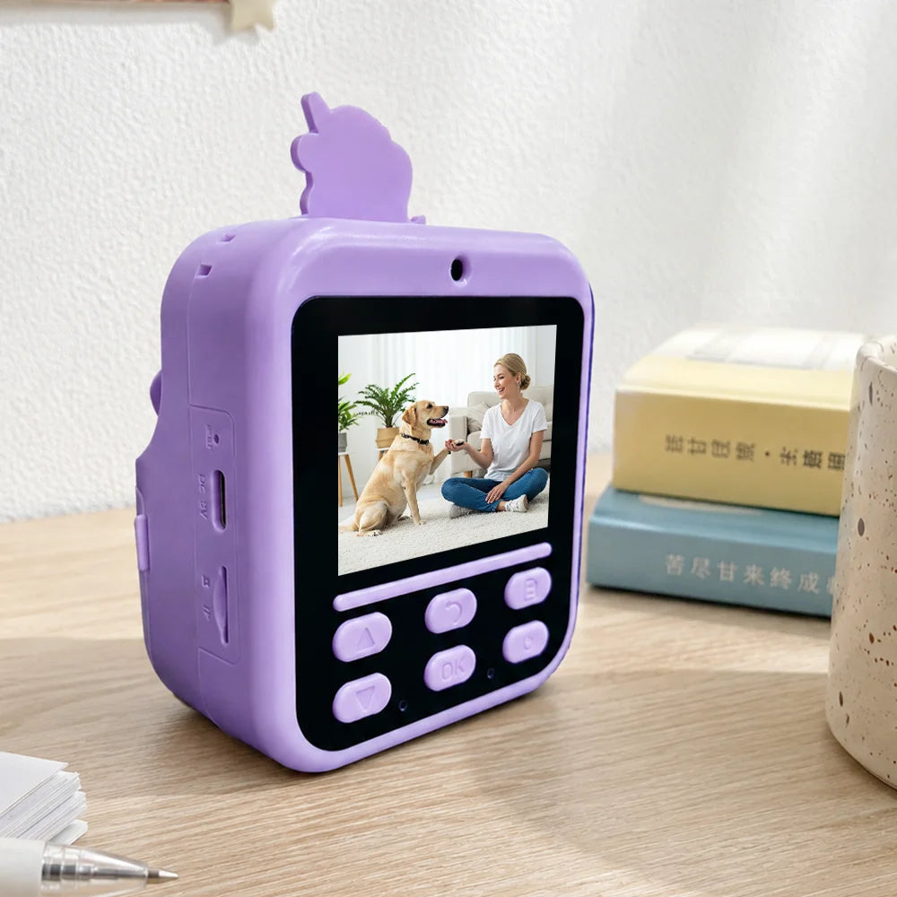 Cute purple unicorn kids camera, photo thermal printing, Halloween Thanksgiving surprise birthday holiday gift
