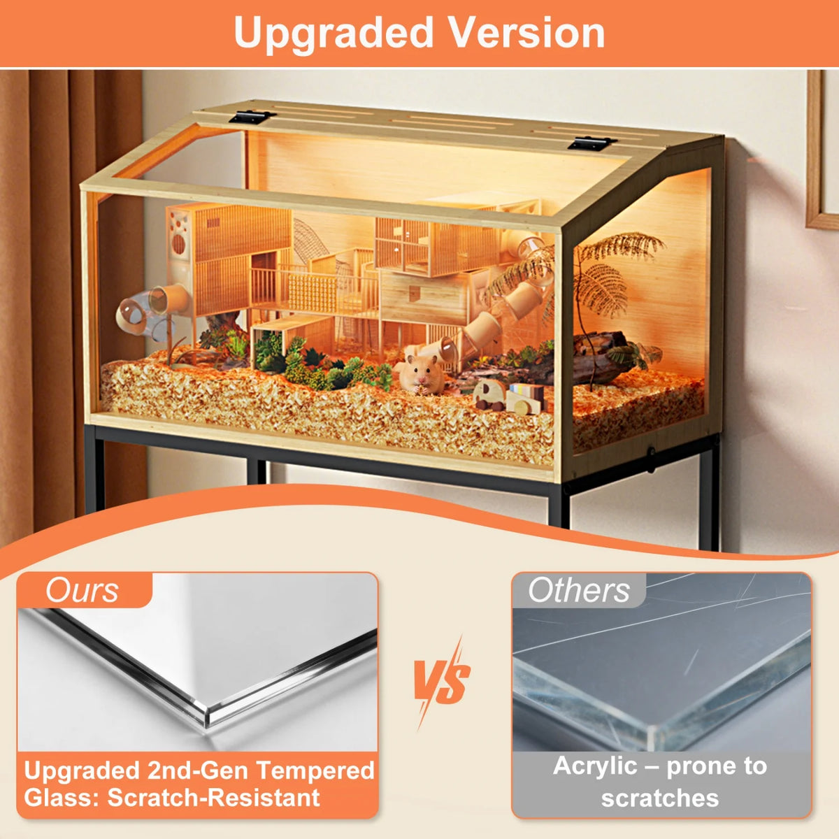 Wooden Hamster Cage With Tempered Glass Panels And LED Light