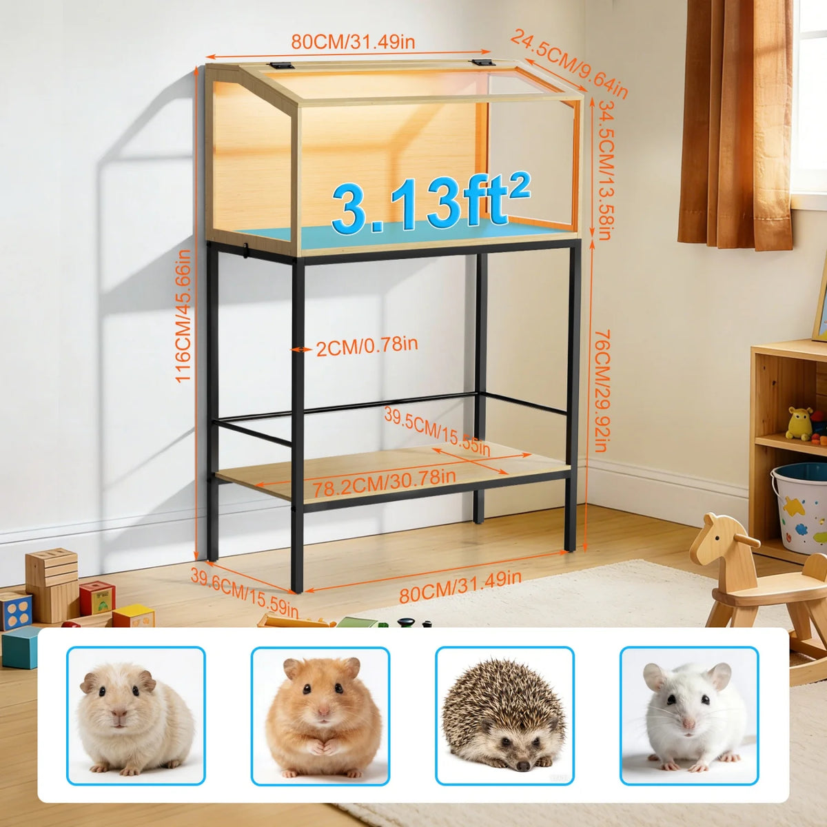 Wooden Hamster Cage With Tempered Glass Panels And LED Light