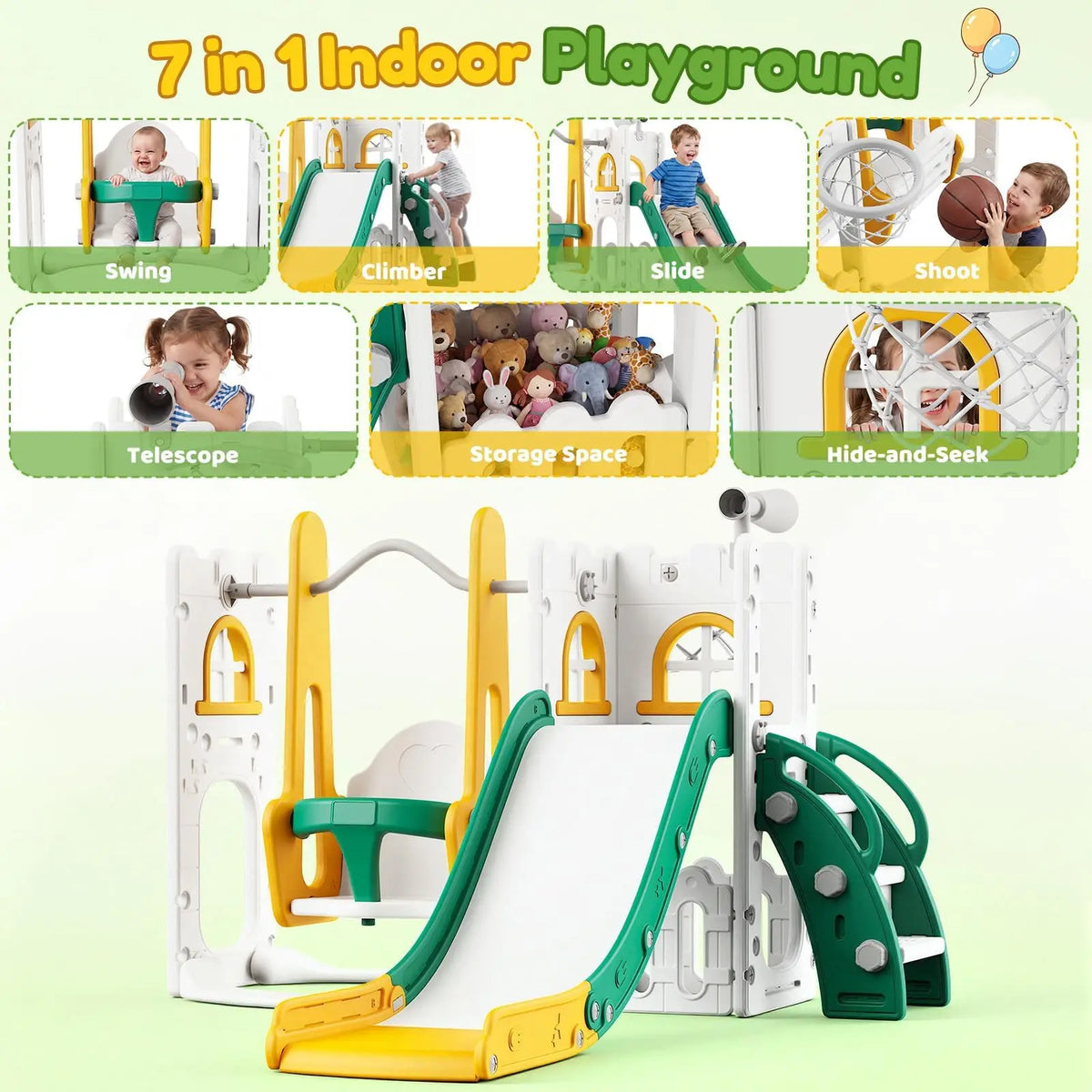 HiMISS Toddler Slide Swing Set With Climber And Basketball Hoop