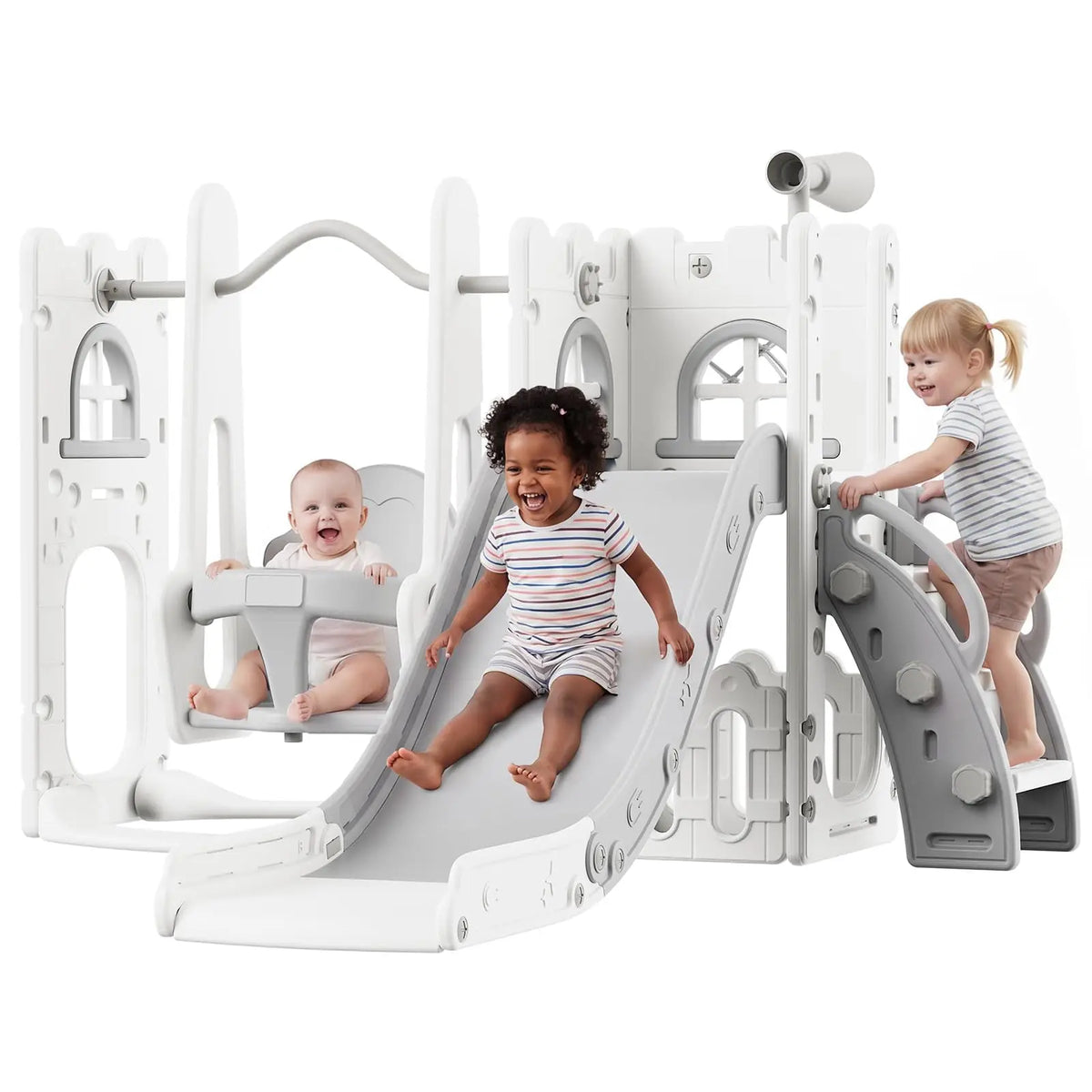 HiMISS Toddler Slide Swing Set With Climber And Basketball Hoop