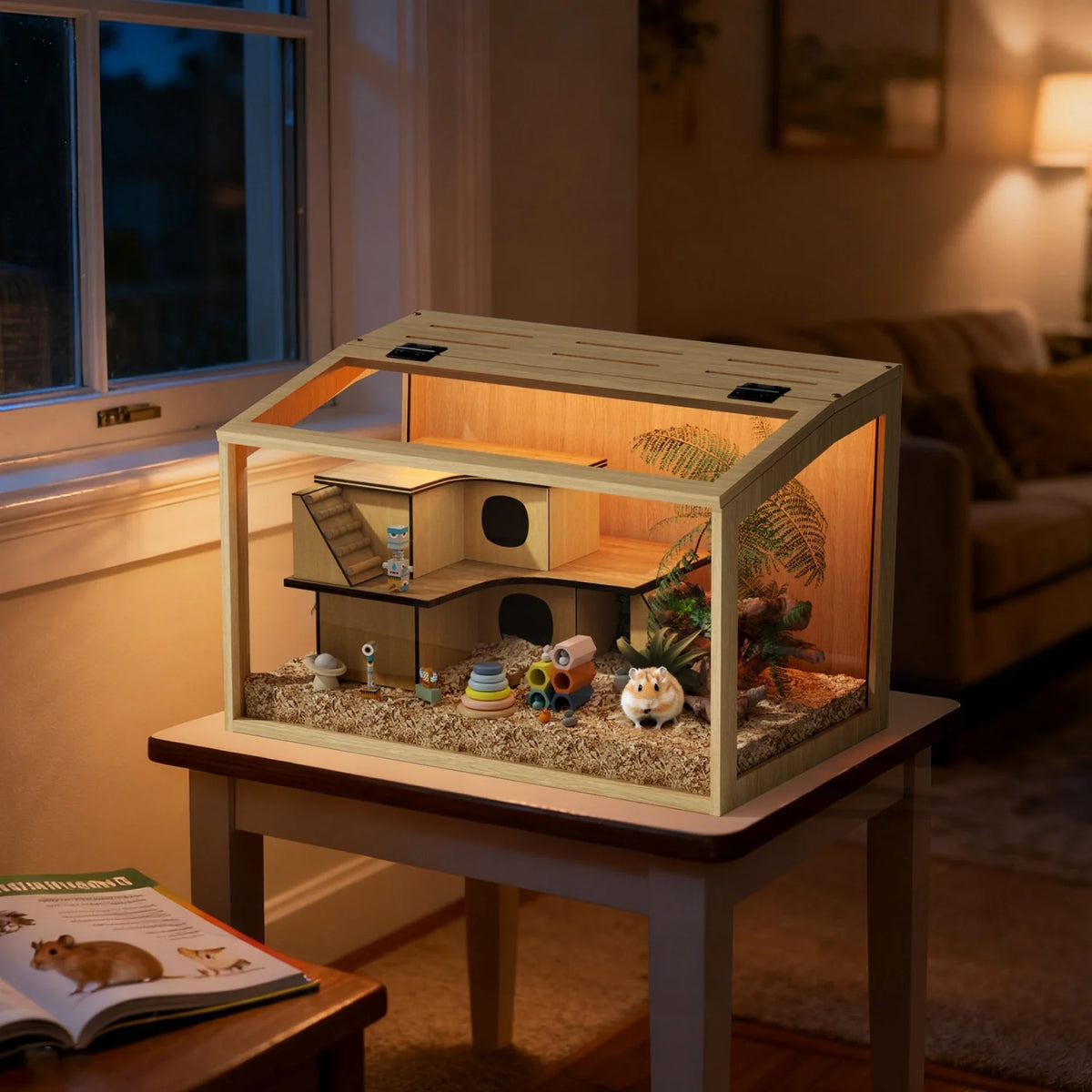Wooden Hamster Cage With Tempered Glass Panels And LED Light