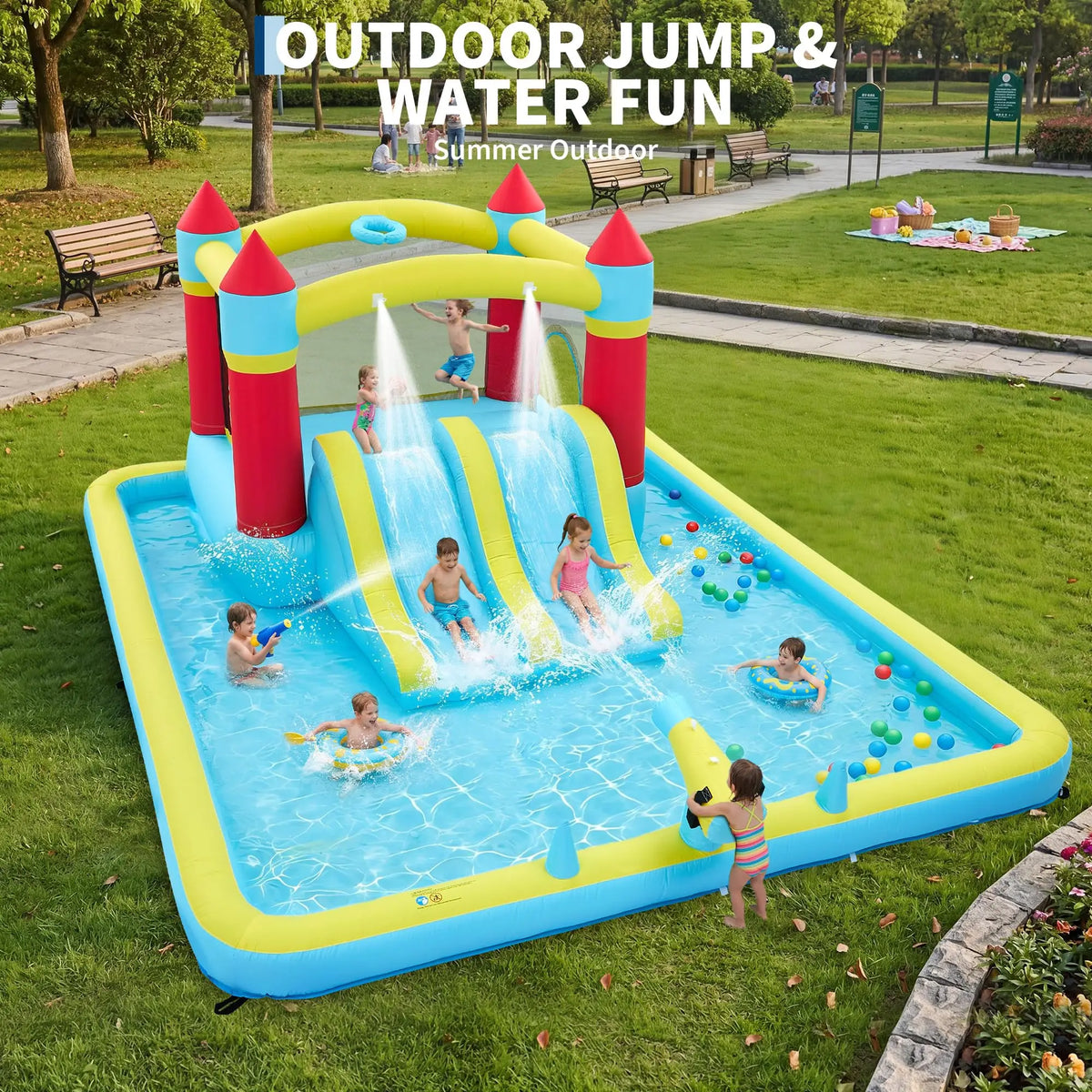 HiMiss Inflatable Kids Bounce House With Slide And Pool