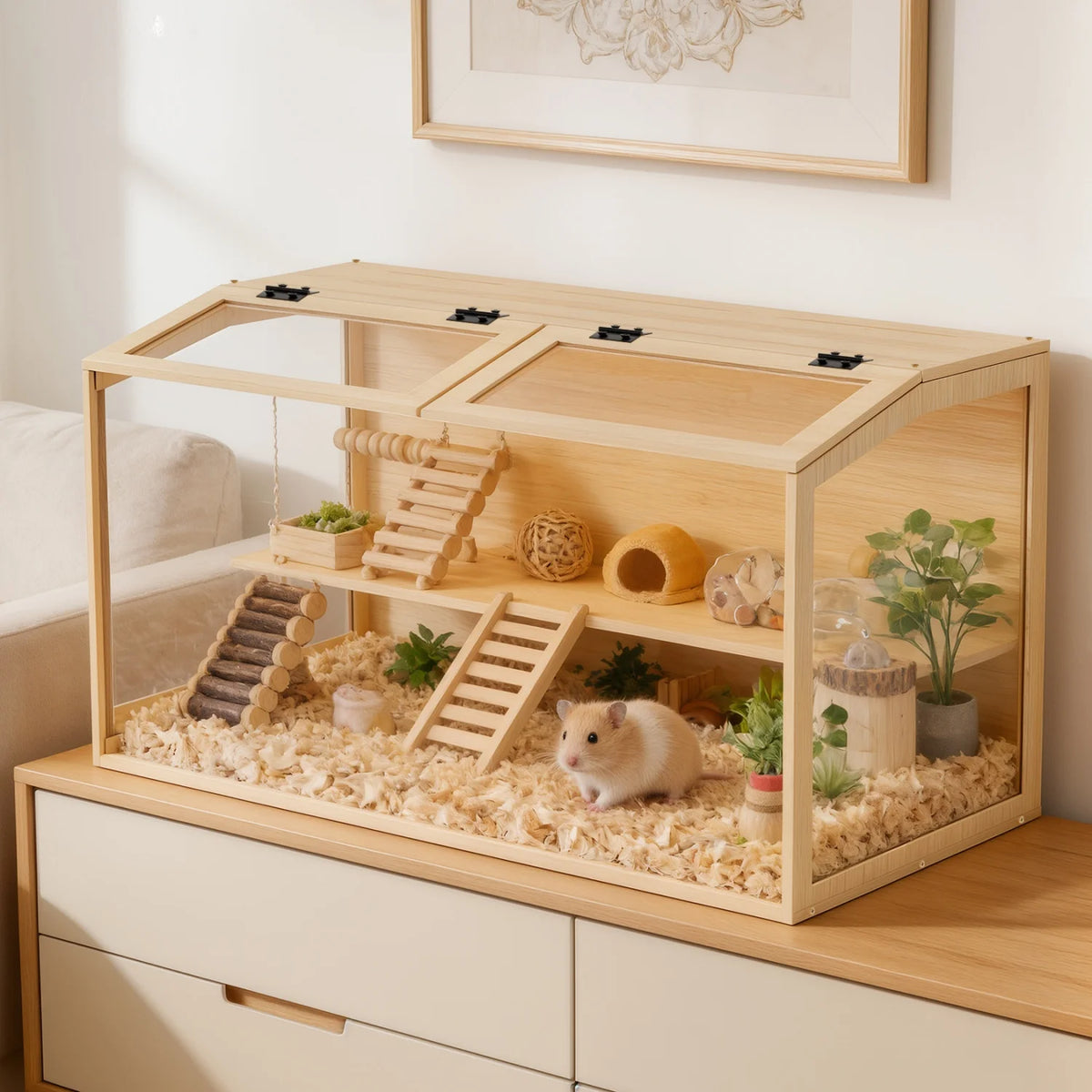 Wooden Hamster Cage With Tempered Glass Panels And LED Light