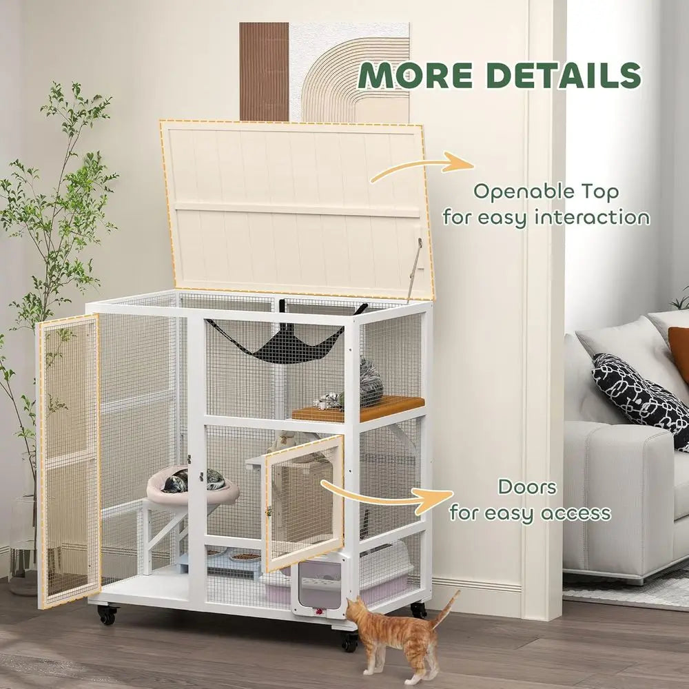 Indoor Mobile Cat Enclosure With Three Platforms And Hammock