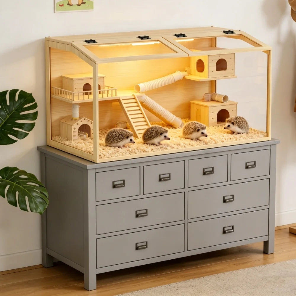 Artisanal Wooden Hamster Home With Tempered Glass Frame Illuminated Canopy