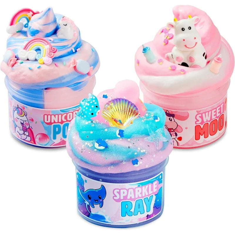 3-Pack Slime Party Favors Manta Ray Unicorn And Cow Themes