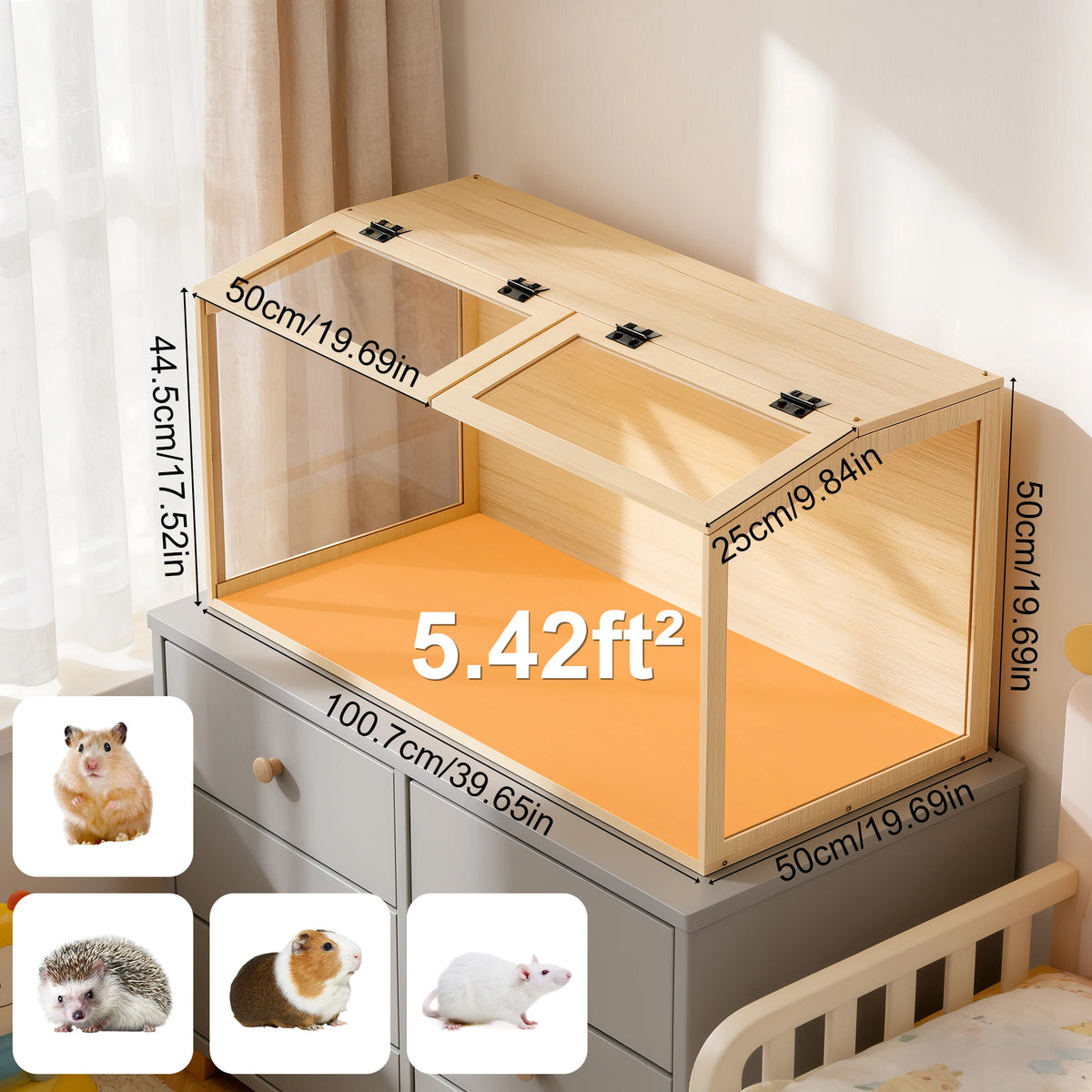 Artisanal Wooden Hamster Home With Tempered Glass Frame Illuminated Canopy