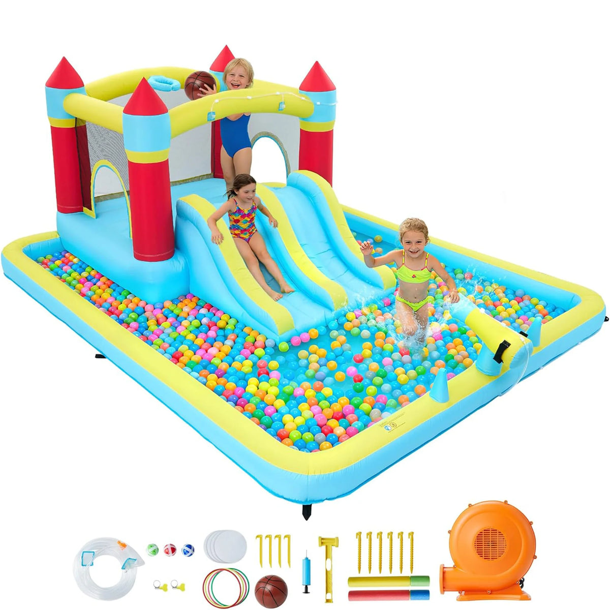 HiMiss Inflatable Kids Bounce House With Slide And Pool