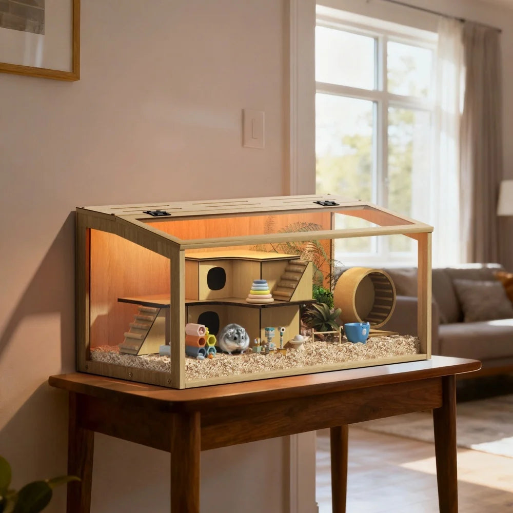 Artisanal Wooden Hamster Home With Tempered Glass Frame Illuminated Canopy