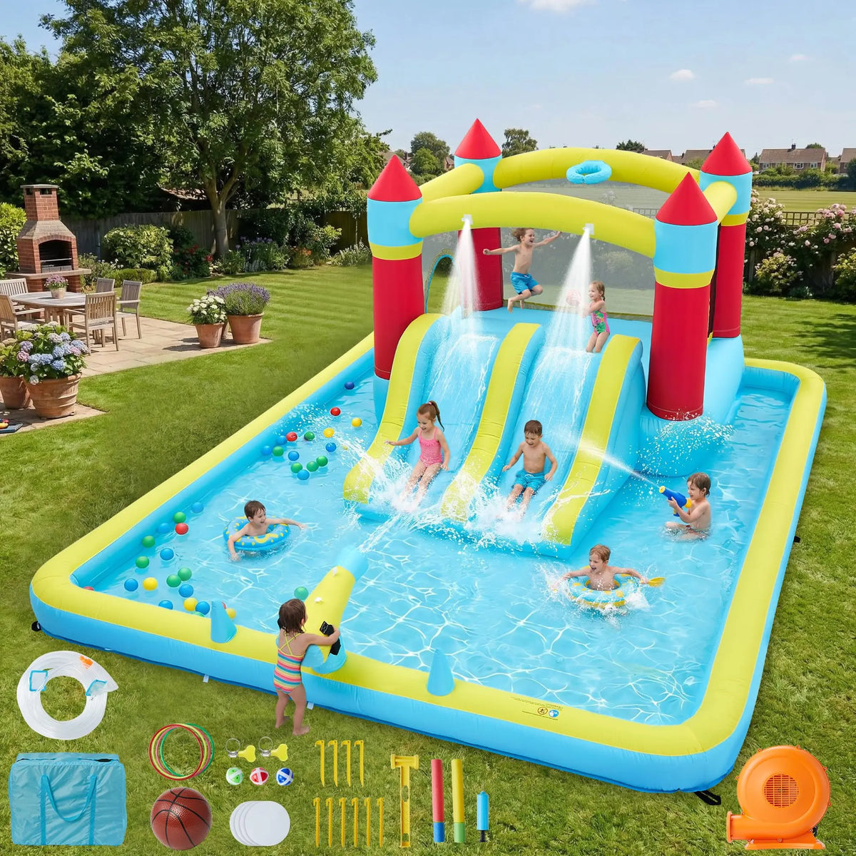 HiMiss Inflatable Kids Bounce House With Slide And Pool