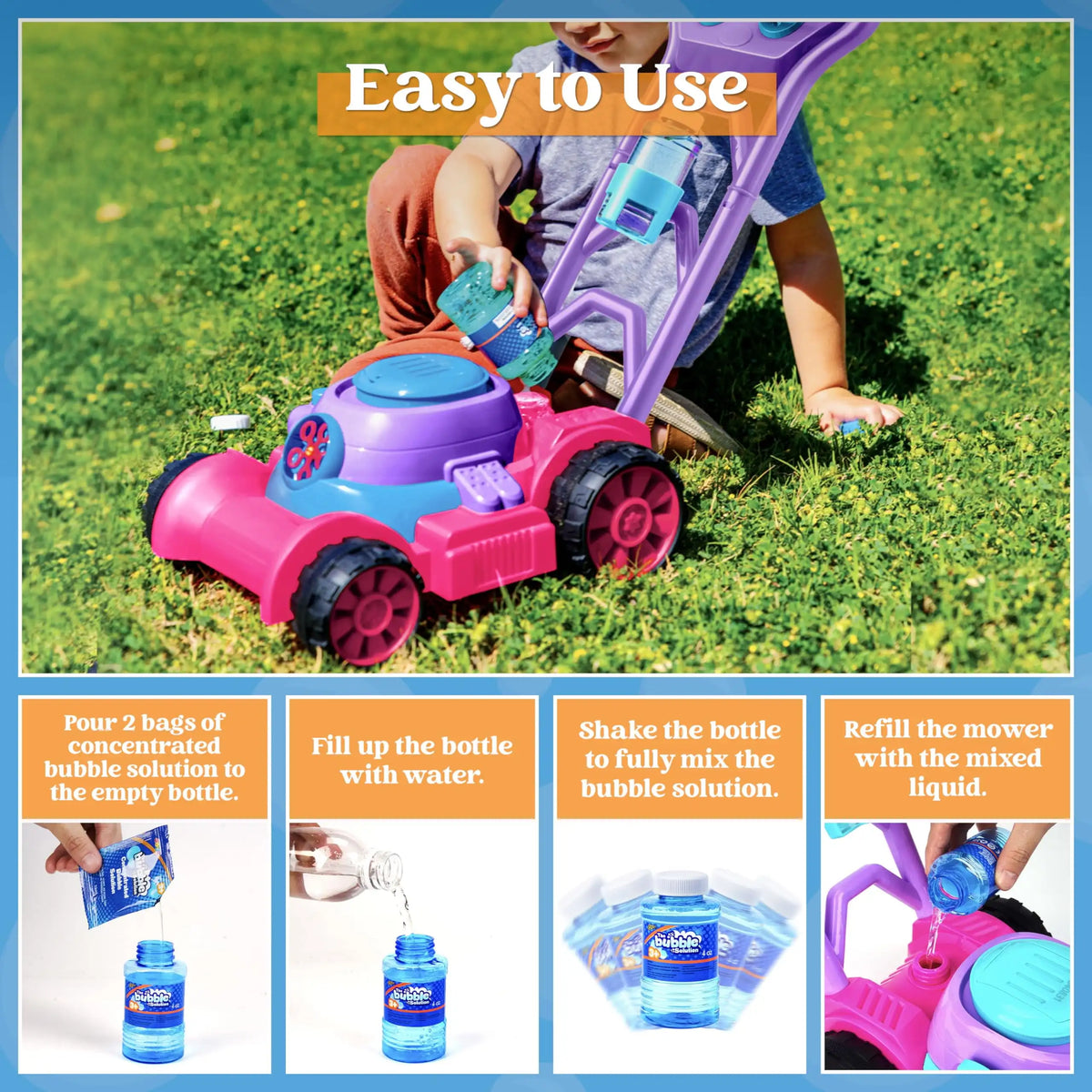 Joyfy Bubble Lawn Mower Machine for Kids Outdoor Play